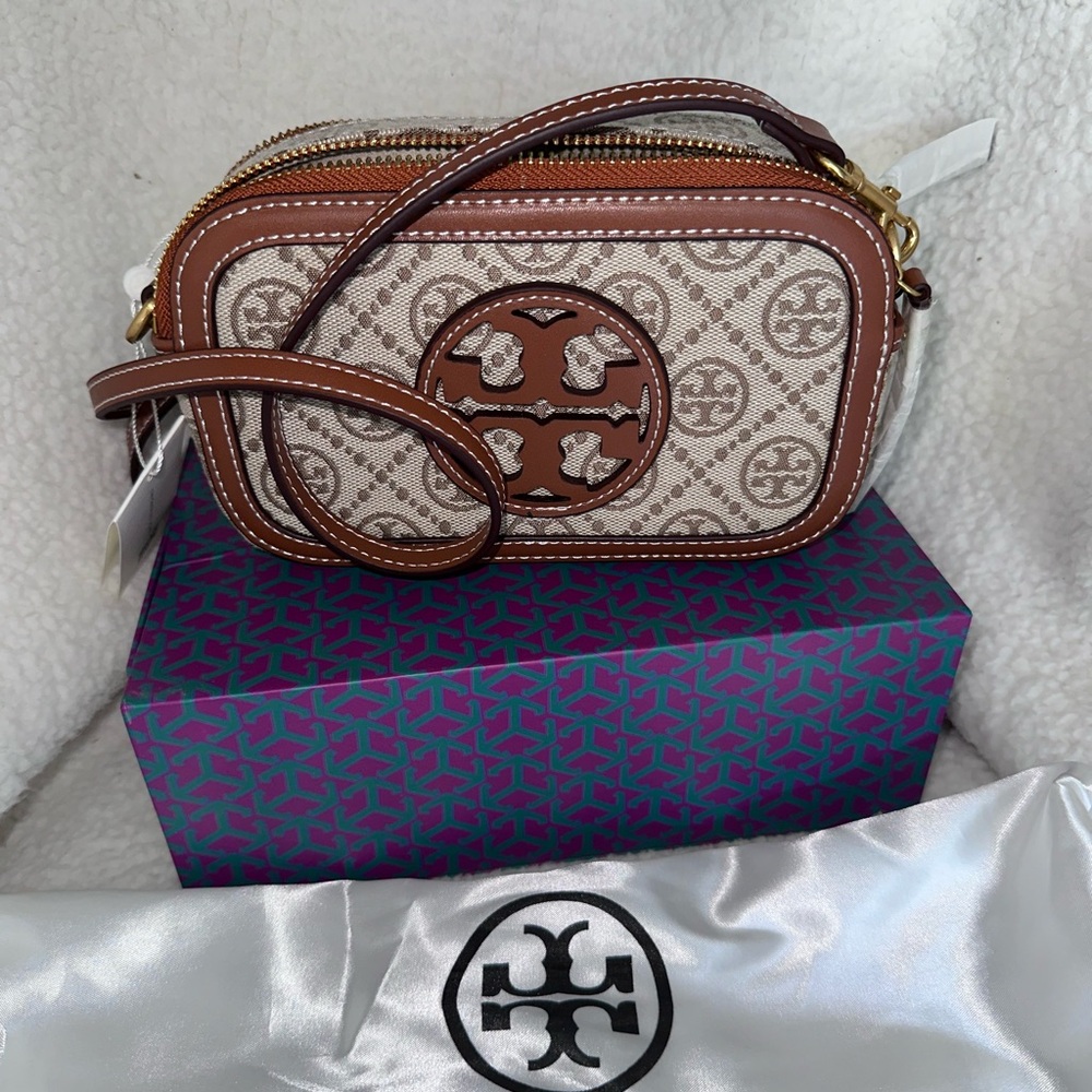 Tory Burch Beige and Brown Logo Crossbody Bag